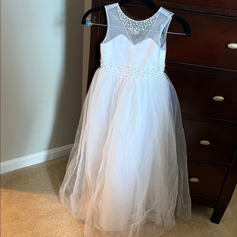 Elegant White Tulle Dress with Pearl Accents